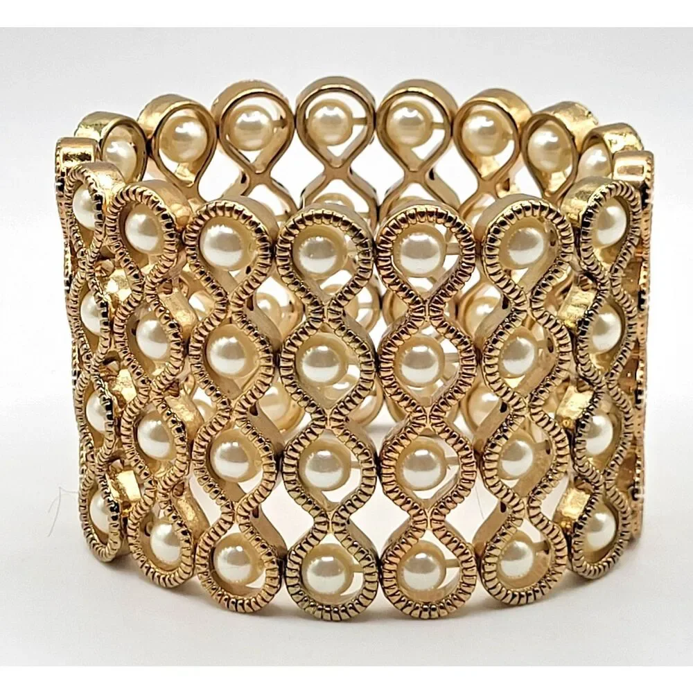 Wide Gold Pearl Stretchy Bangle Bracelet 7in
